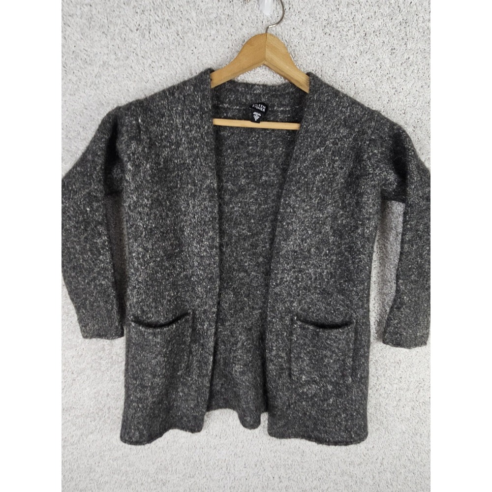 Eileen Fisher Gray Wool Mohair Alpaca Open Front Knit Cardigan Size Small Pocket